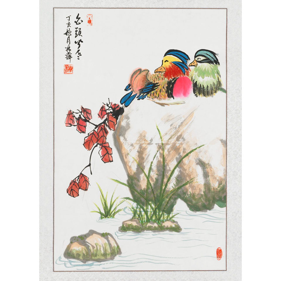 Appraisal: Chinese School TWO BIRD SCROLL PAINTINGS Ink and colour on