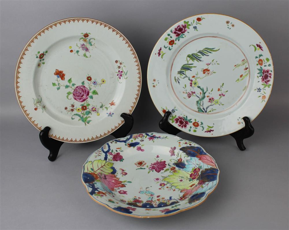 Appraisal: CHINESE EXPORT TOBACCO LEAF DISH AND TWO OTHER FAMILLE ROSE