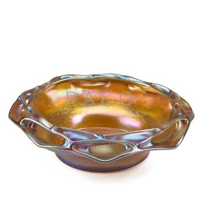 Appraisal: TIFFANY STUDIOS Rare gold Favrile glass low bowl with reticulated