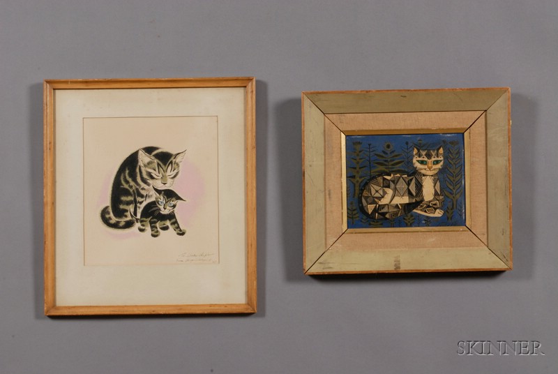 Appraisal: Lot of Two Cat Images Sheila Flinn British th Century