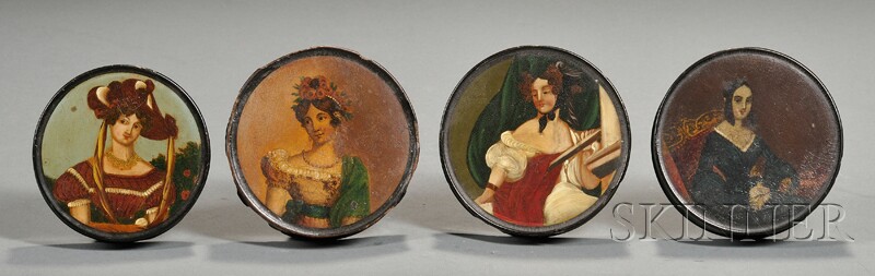 Appraisal: Four Round Lacquered Papier-mache Snuff Boxes Decorated with Young Ladies