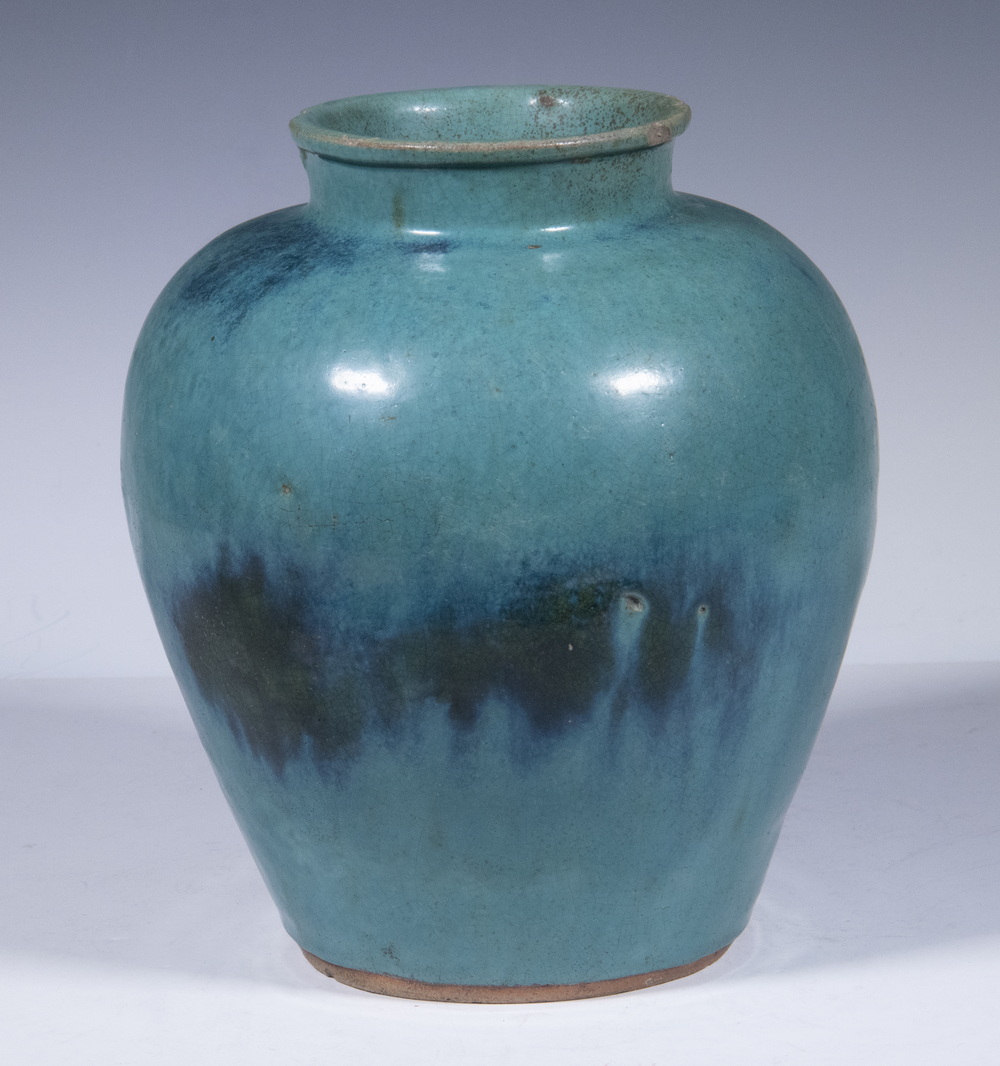 Appraisal: CHINESE POTTERY VESSEL Shiwan Turquoise and Dark Blue Glazed Pot