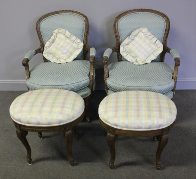 Appraisal: Pair of Louis XV Style Arm Chairs Ottomans From a