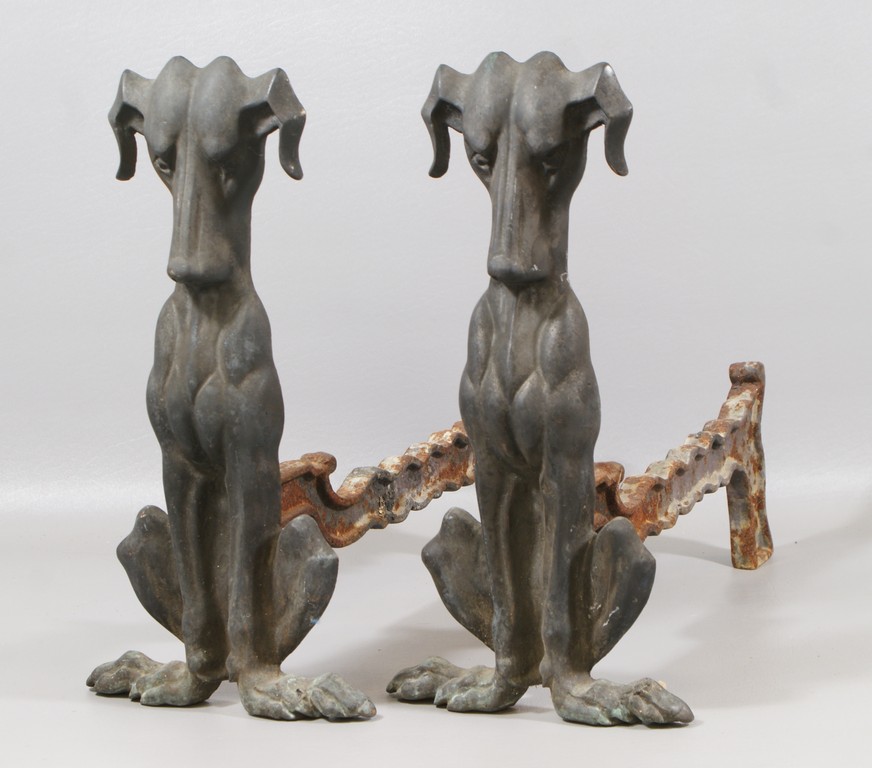 Appraisal: Pr cast iron sad hound dog shaped andirons h x