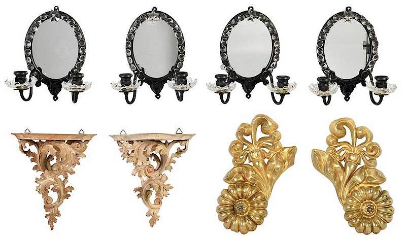 Appraisal: Set Four Mirror and Cut Glass Sconces th century black