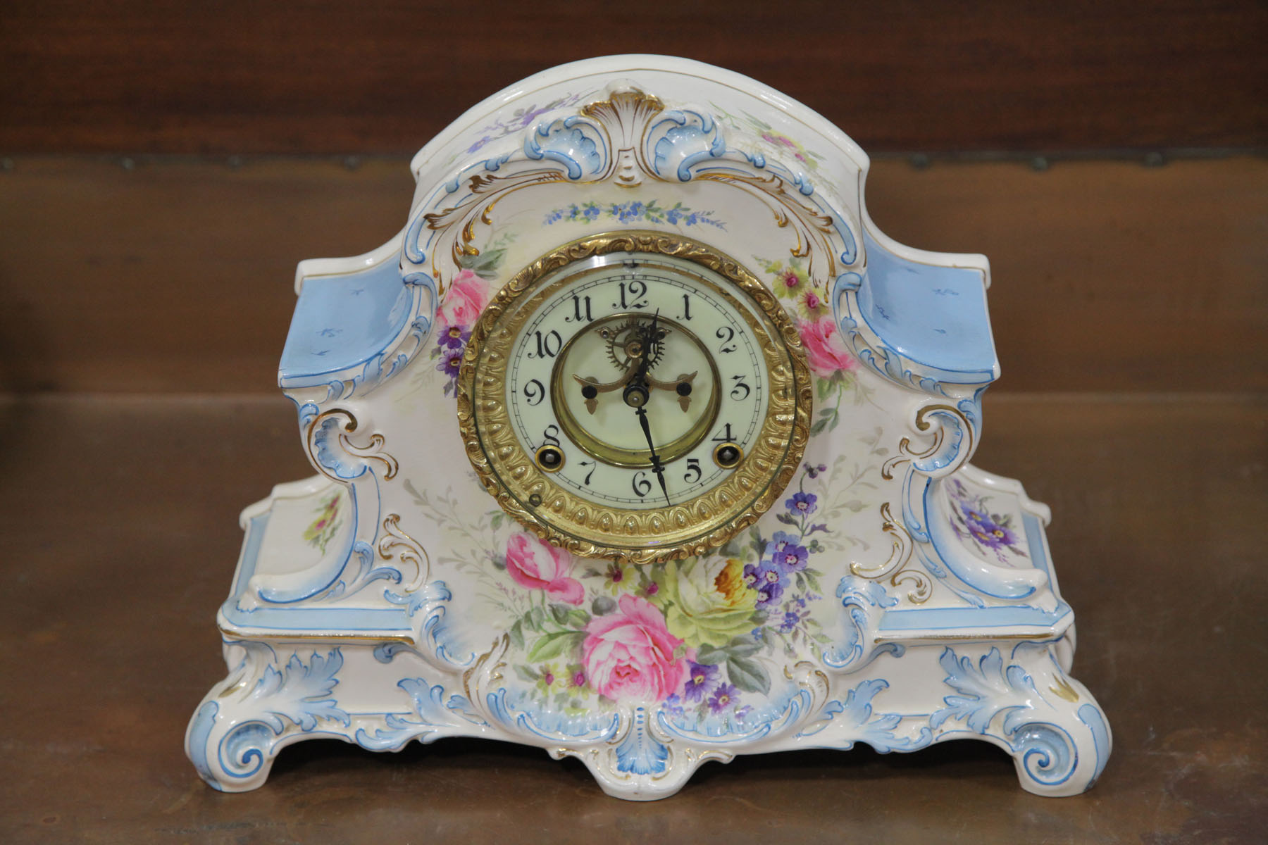 Appraisal: ANSONIA ROYAL BONN CHINA MANTLE CLOCK French and American late