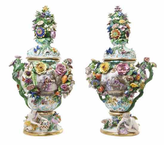 Appraisal: A Pair of Meissen Porcelain Lidded Urns each of baluster