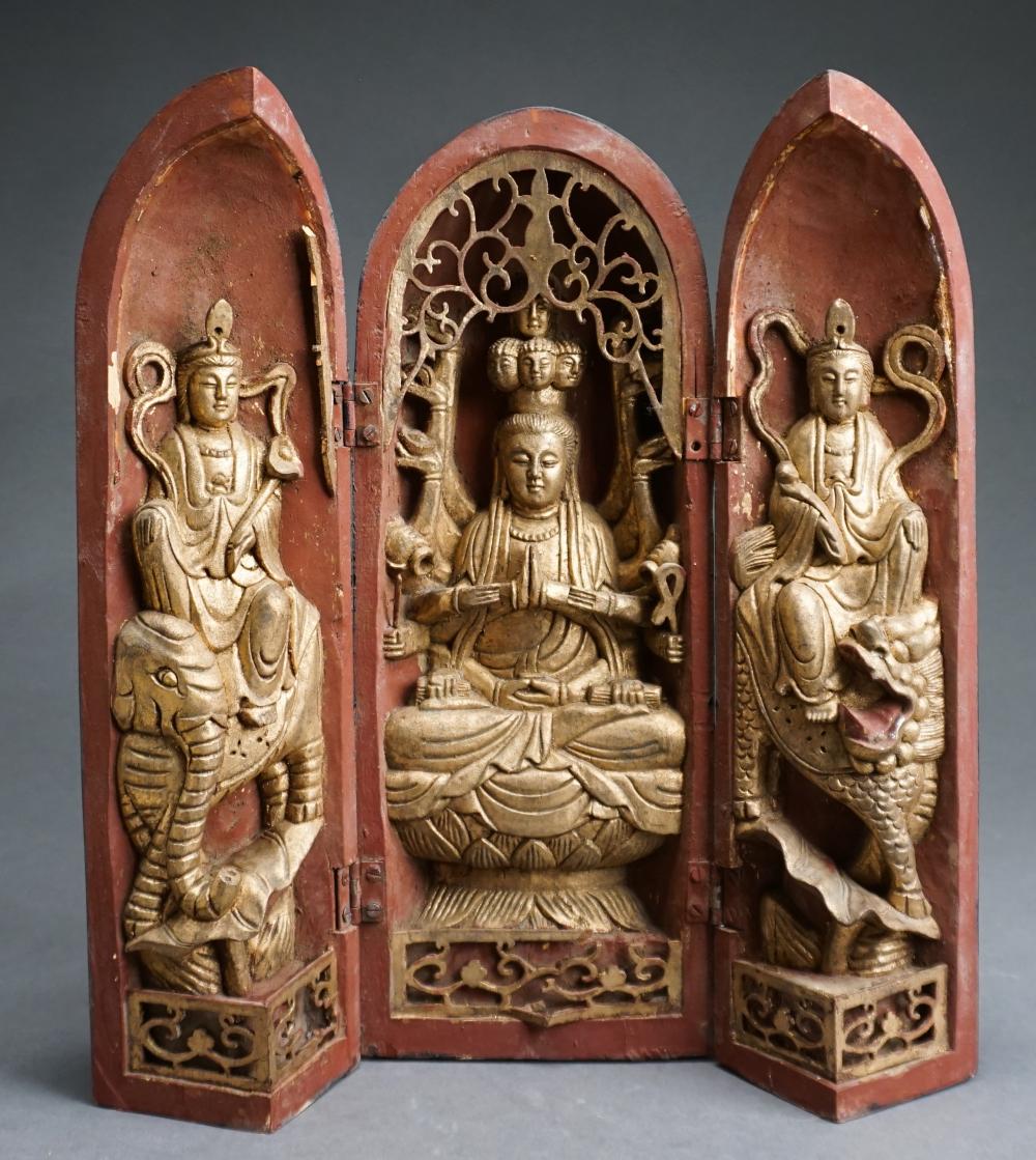 Appraisal: East Asian Partial Gilt Wood Box Shrine to Guanyin H