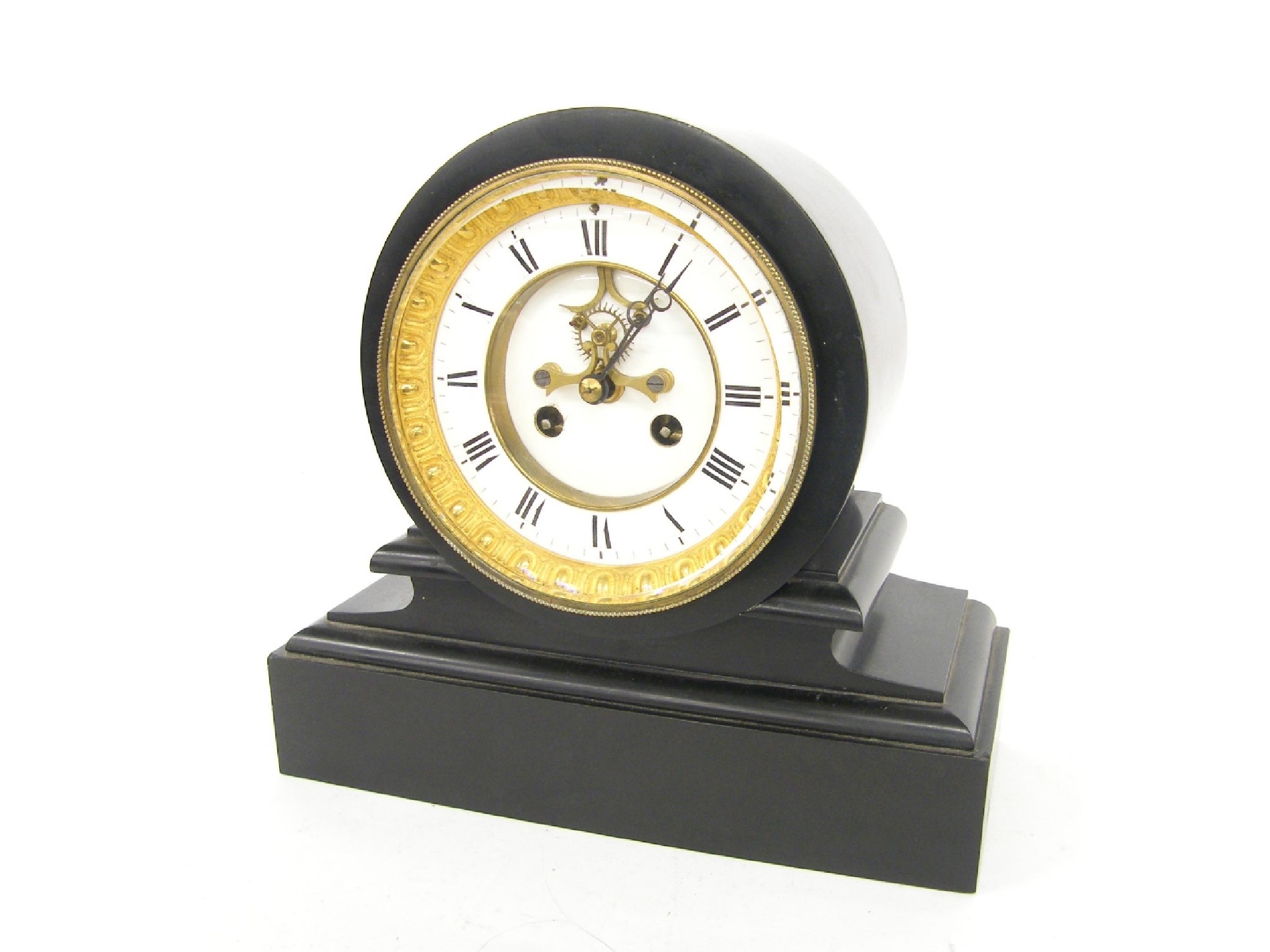 Appraisal: Black slate two train drumhead mantel clock striking on a