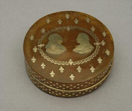 Appraisal: French Brass-Inlaid Horn Snuff Box in in diam