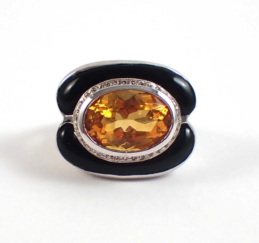 Appraisal: CITRINE DIAMOND BLACK ONYX AND FOURTEEN KARAT WHITE GOLD COCKTAIL