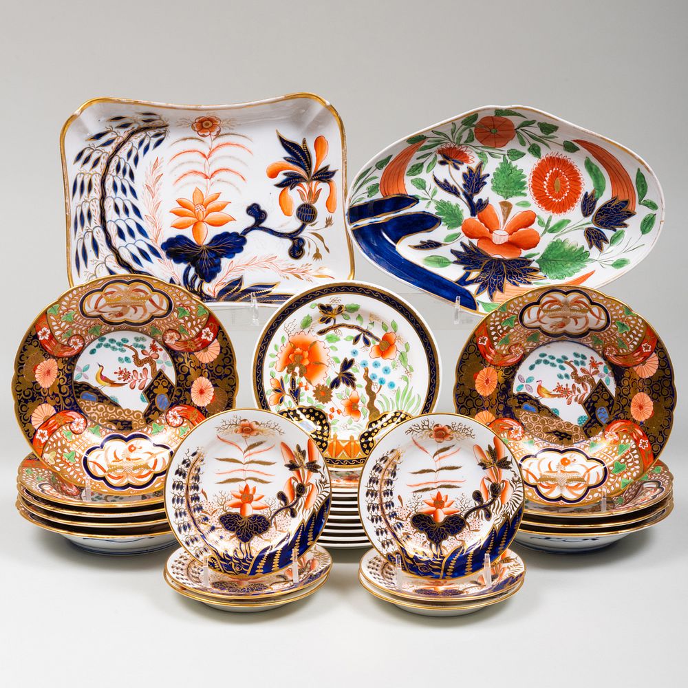 Appraisal: Assembled English Imari Porcelain Part Service Comprising A navette shaped