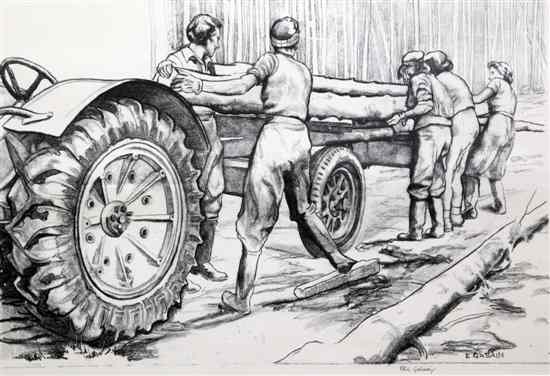 Appraisal: Ethel Gabain - lithograph 'Loading Logs on a tractor at