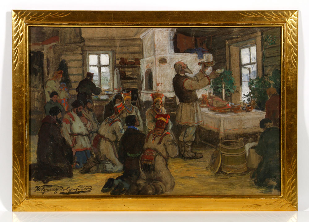 Appraisal: - Goryushkin-Sorokopudov Prayer in the Home of a Mordvinian Pastel