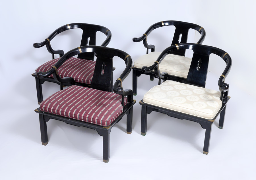 Appraisal: CHINESE OXBOW CHAIRS Black lacquer frame with yoke shaped back