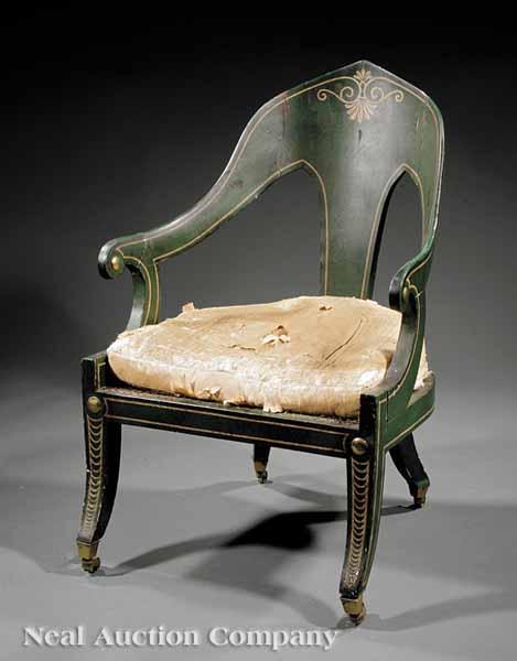 Appraisal: A Regency Green Painted and Brass-Mounted Spoonback Armchair early th