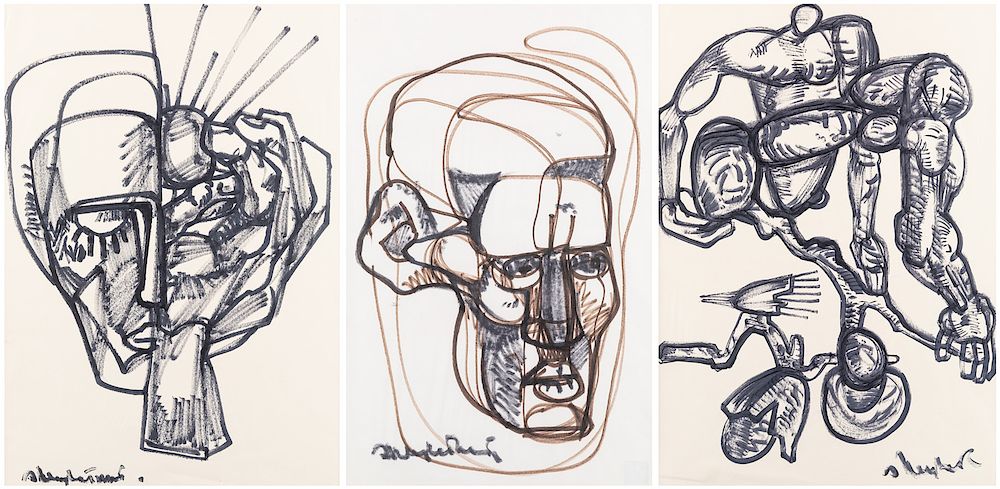 Appraisal: THREE DRAWINGS BY ERNST NEIZVESTNY RUSSIAN - THREE DRAWINGS BY