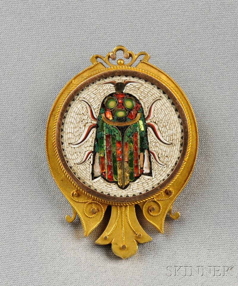 Appraisal: Antique Micromosaic Beetle Brooch the oval micromosaic panel within a