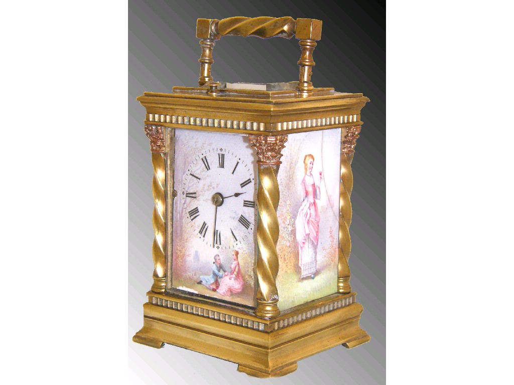 Appraisal: French repeater porcelain panelled carriage clock striking on a gong