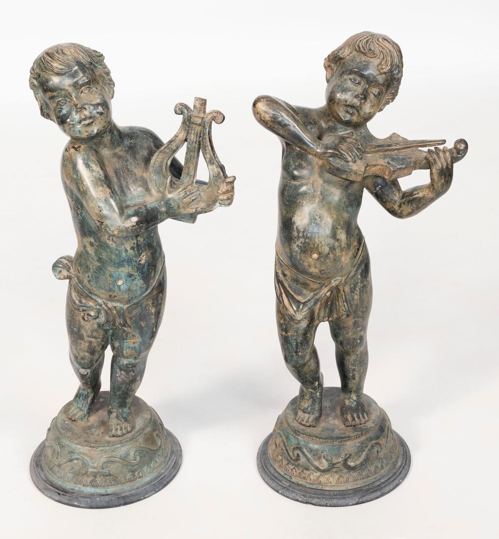 Appraisal: PAIR OF LARGE BRONZE-FINISH CHERUB MUSICIANS TH CENTURY HEIGHTS BASE