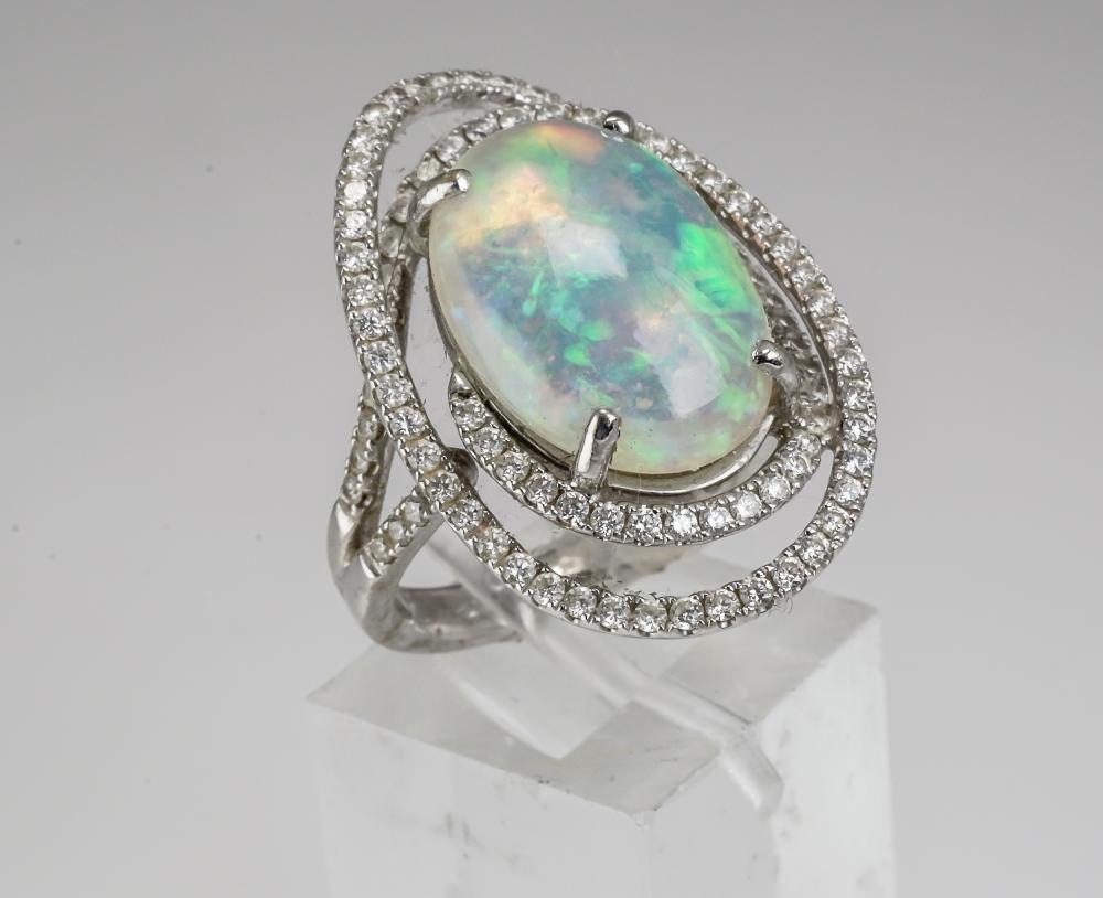 Appraisal: -KARAT WHITE-GOLD OPAL AND DIAMOND RING -Karat White-Gold Opal and