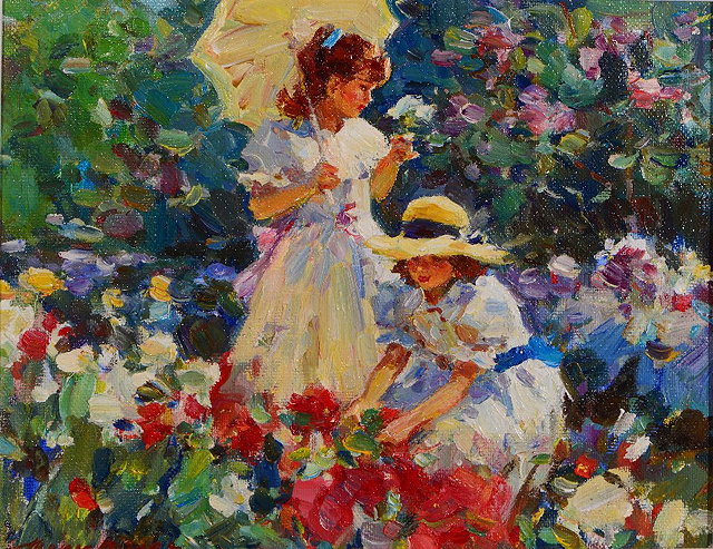 Appraisal: VLADIMIR TRUSH b Two young girls amidst flowers signed and