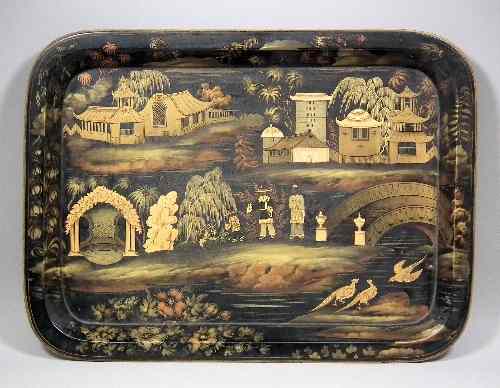 Appraisal: An early Victorian black papier-mache rectangular tray decorated in gilt