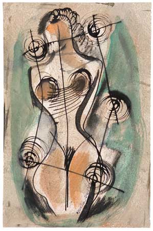 Appraisal: KONRAD CRAMER Abstract Female Nude Brush and ink watercolor and