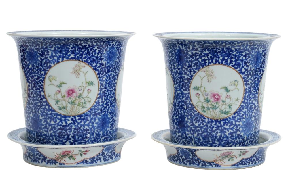 Appraisal: PR CHINESE PORCELAIN CACHEPOTS WITH TRAYSPair of Chinese porcelain blue