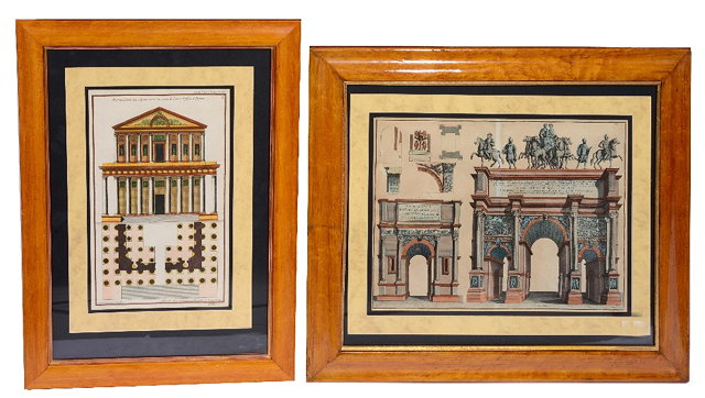 Appraisal: A GROUP OF FIVE FRENCH ARCHITECTURAL PRINTS mounted in maple