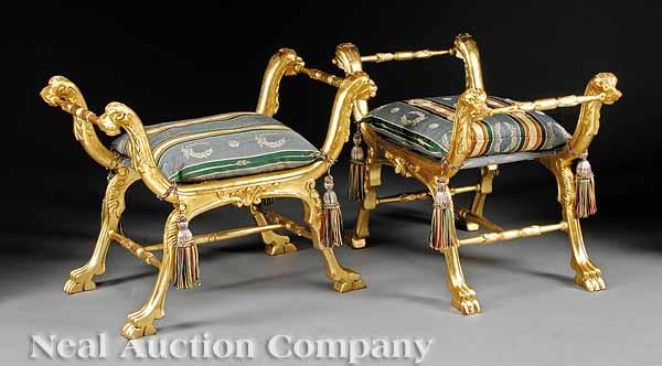 Appraisal: A Pair of Italian Neoclassical-Style Carved Giltwood Curule Benches the