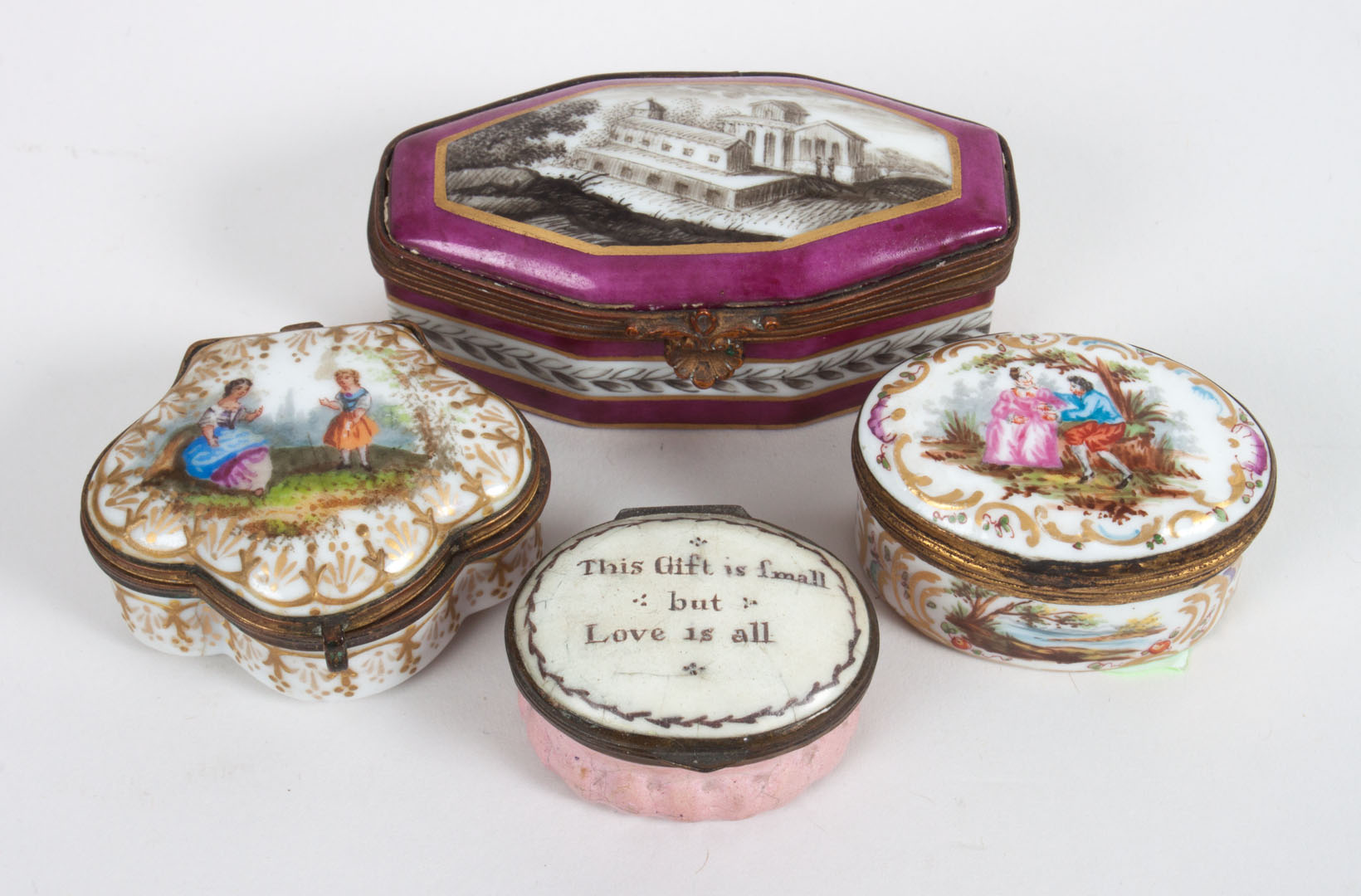 Appraisal: Four Continental porcelain and enamel snuff boxes th th century