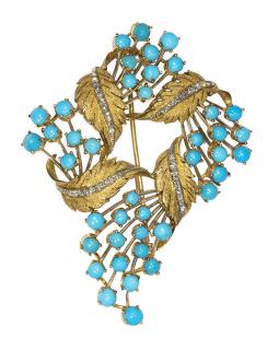 Appraisal: Turquoise diamond and k yellow gold brooch Turquoise diamond and