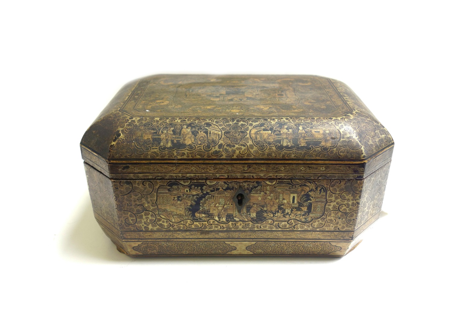 Appraisal: A Chinese gilt and ebonised sewing box th century chinoiserie