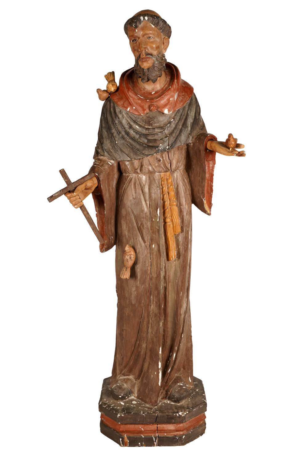 Appraisal: POLYCHROMED CARVED WOOD FIGURE SAINT FRANCISon a wooden plinth inches