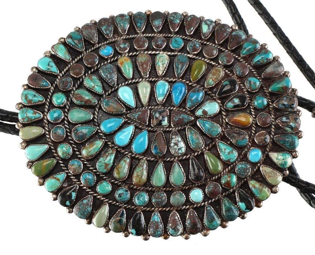 Appraisal: LARGE STERLING AND TURQUOISE PETIT POINT BOLO TIELarge sterling silver