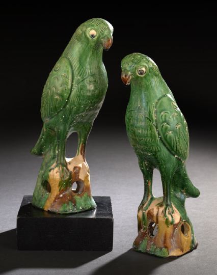 Appraisal: Pair of Chinese Glazed Pottery Figures of Parrots each modeled