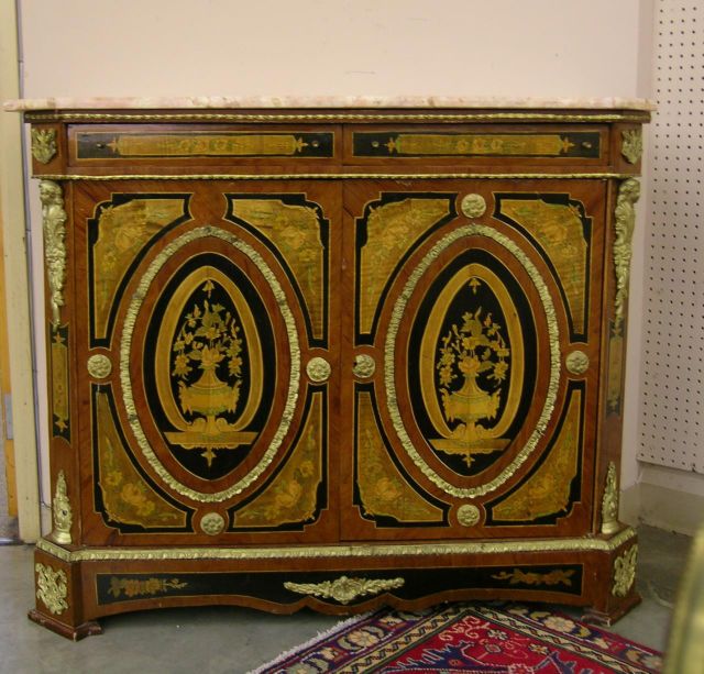 Appraisal: Boulle-style double door cabinet with marble top oval inlaid door