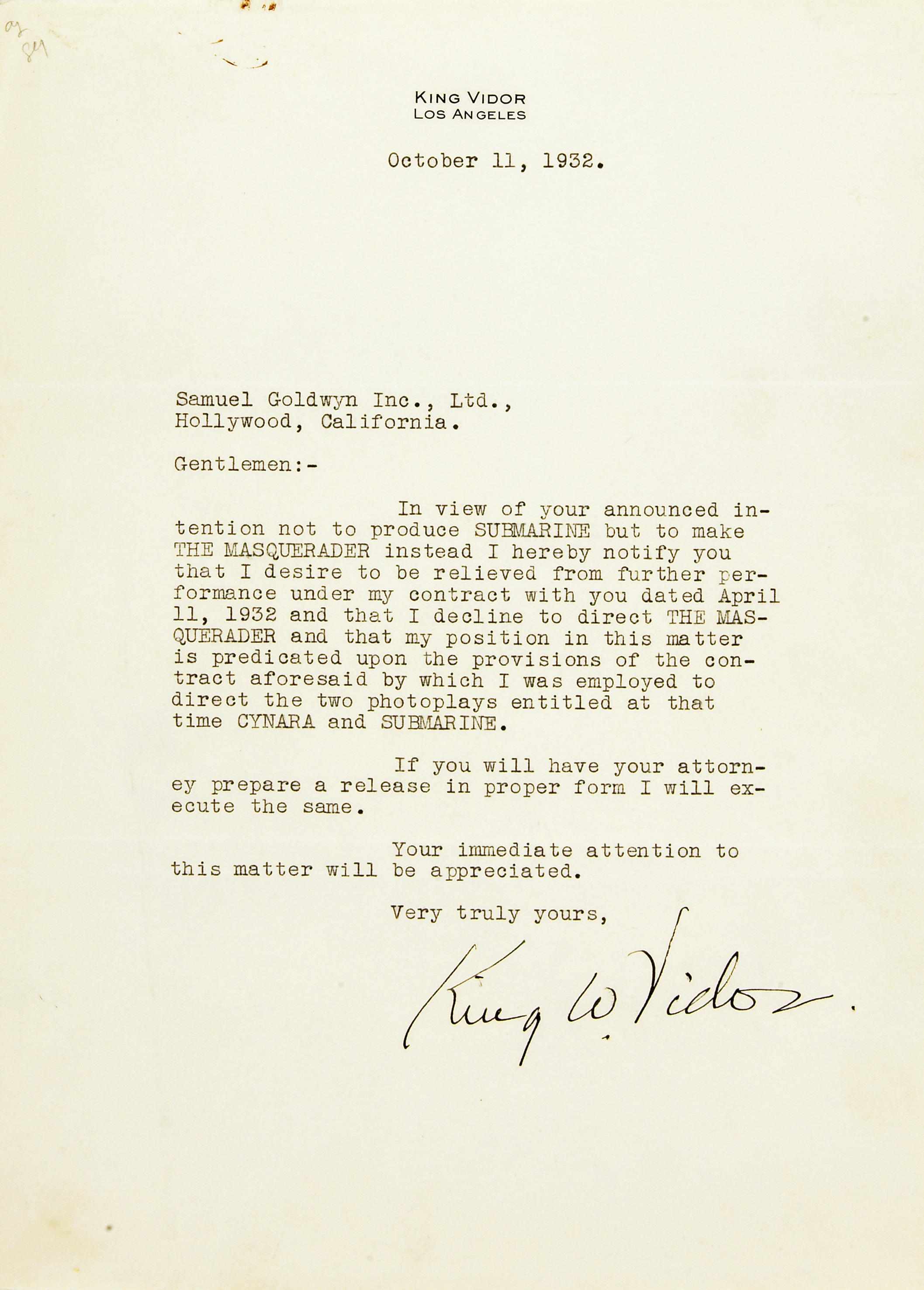 Appraisal: VIDOR KING - Typed Letters Signed ''King W Vidor'' ''King