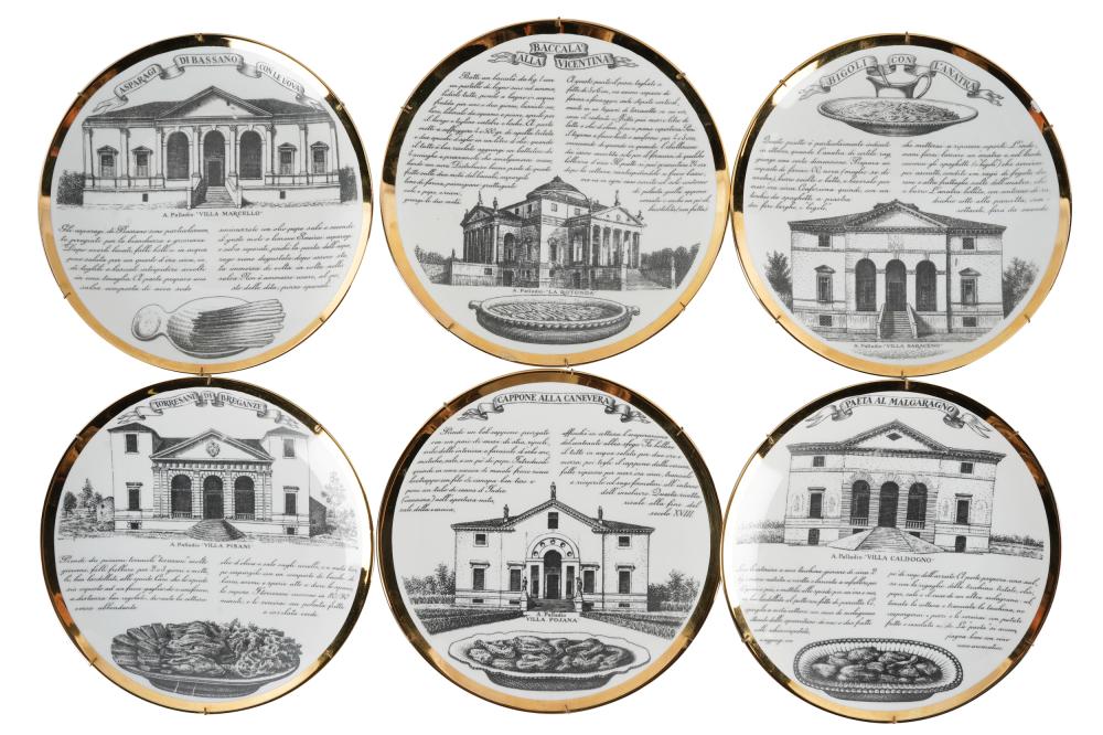 Appraisal: FORNASETTI SIX 'VICENTINE' PORCELAIN PLATESblack printed mark Fornasetti-Milano Made in