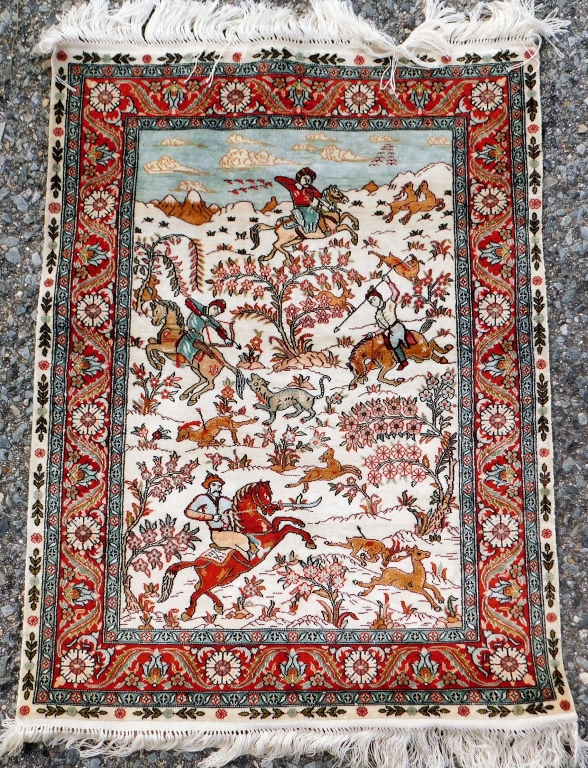 Appraisal: MIDDLE EASTERN PICTORIAL HUNTING SCENE SILK RUG Middle East th