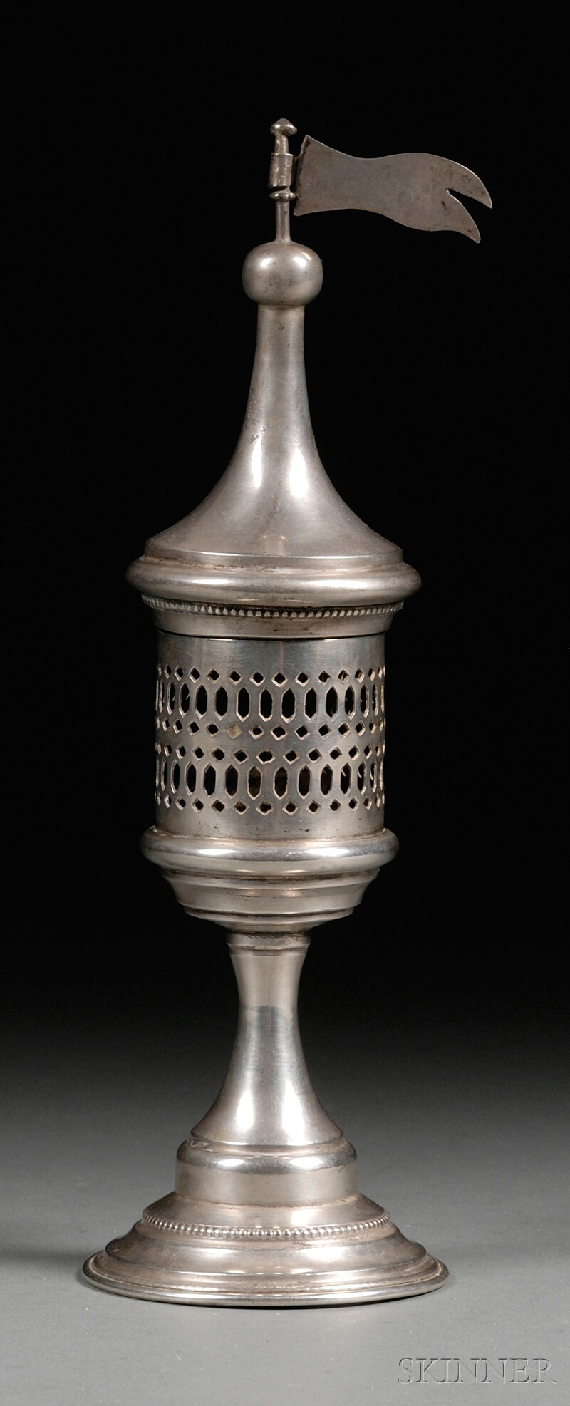 Appraisal: Polish Silver Tower-form Besamim Box Spice Container with cylindrical reticulated