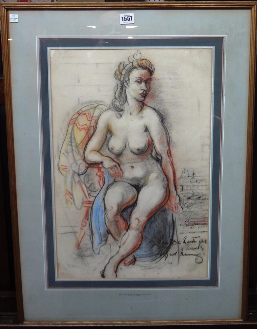 Appraisal: After Sir Alfred Munnings Seated nude charcoal and coloured chalk