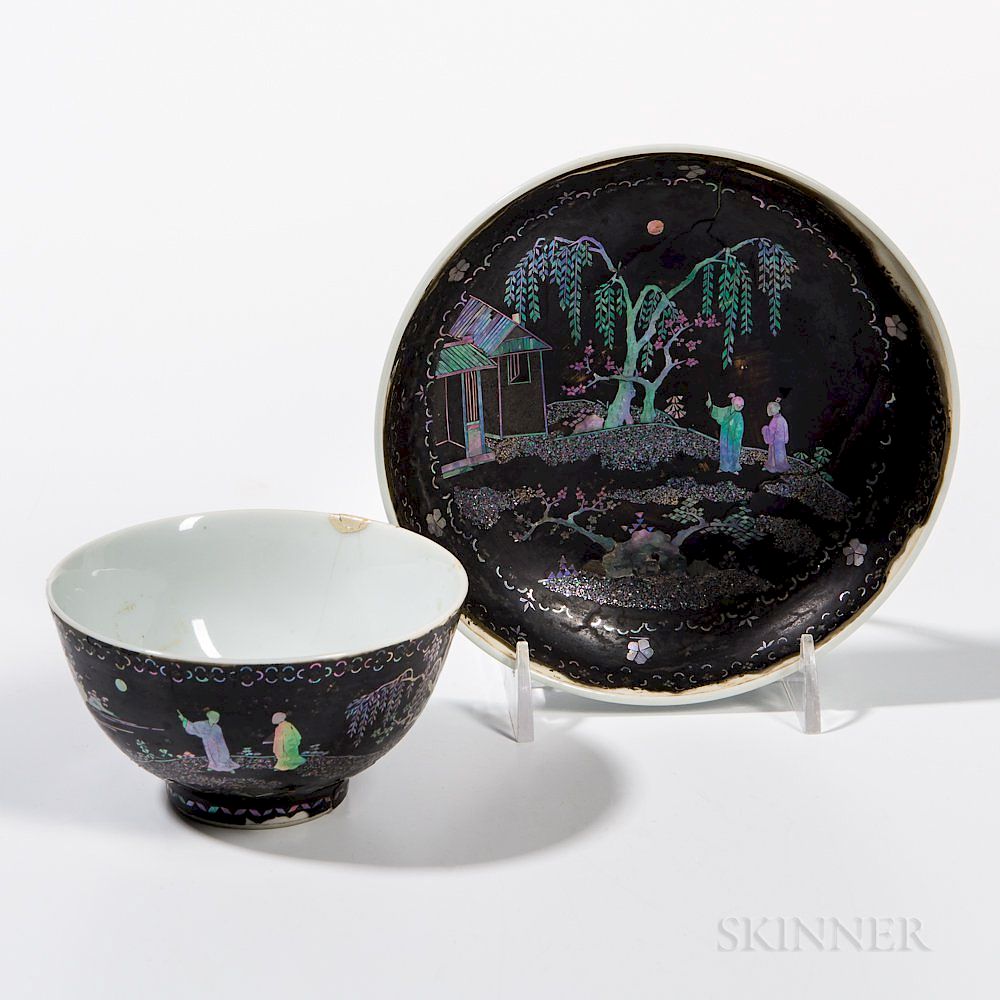 Appraisal: Mother-of-pearl-inlaid White Porcelain Cup and Saucer Mother-of-pearl-inlaid White Porcelain Cup