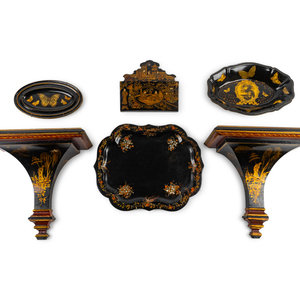 Appraisal: A Group of Six Black and Gilt Lacquer Items TH