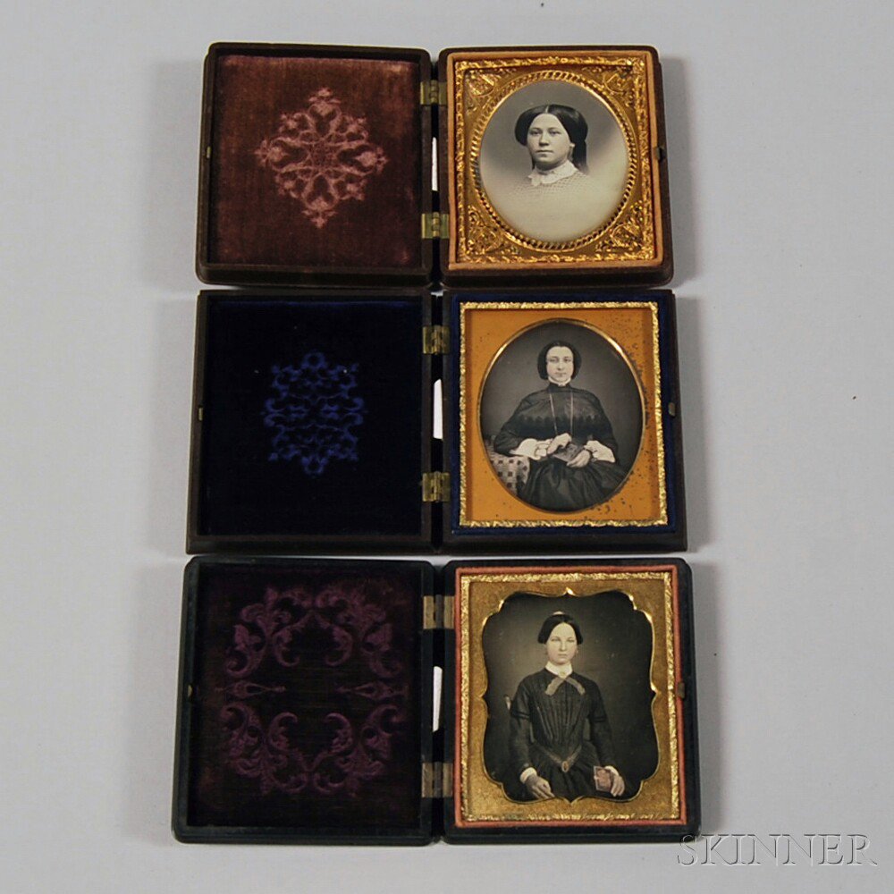 Appraisal: Three Sixth-plate Daguerreotype Portraits of Young Women a bust-length vignette