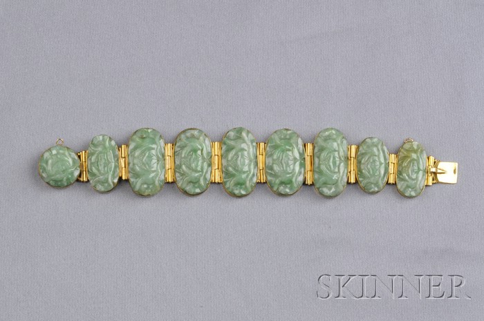 Appraisal: kt Gold and Jade Bracelet bezel-set with nine oval carved