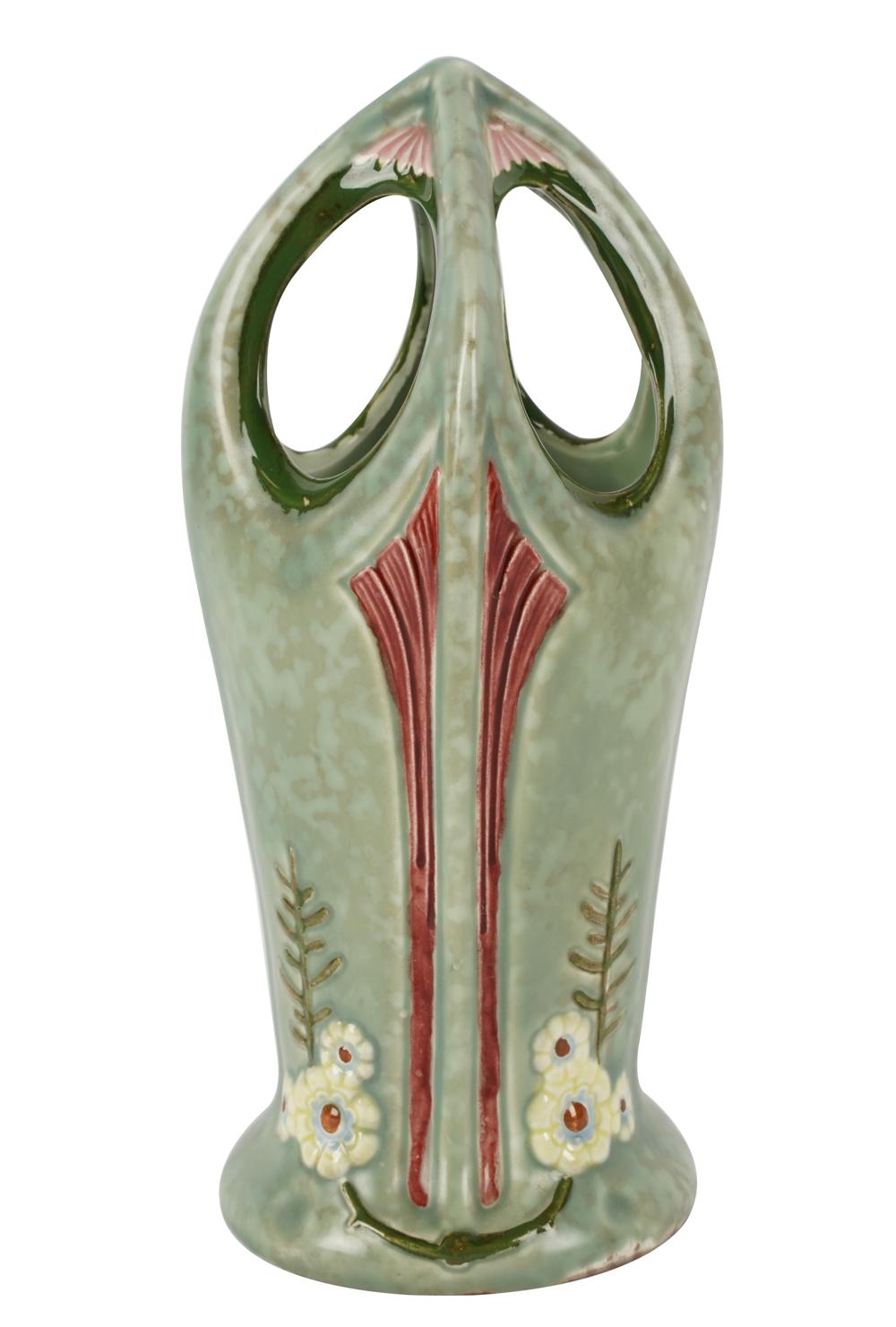 Appraisal: ART NOUVEAU GREEN POTTERY VASEwith triangular painted mark and superimposed