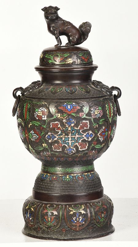 Appraisal: Japanese Cloisonne Covered Urn early th century patinated bronze with