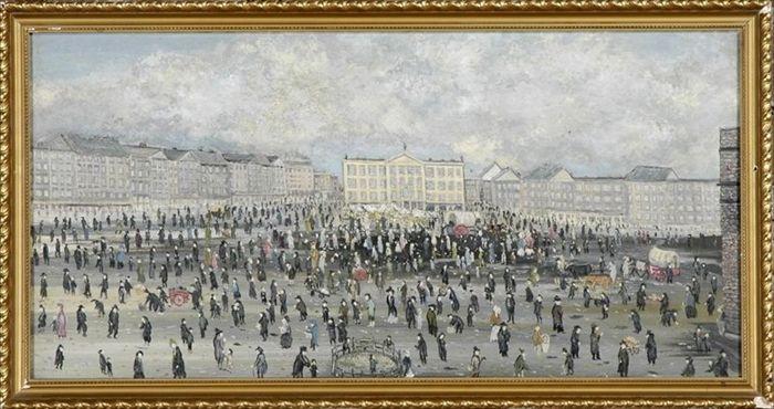 Appraisal: Continental School th C City Square with Figures Oil on